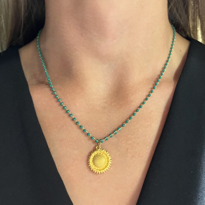 Collier Perles Vertes Pendentif Tournesol Collier Perles Vertes Pendentif Tournesol