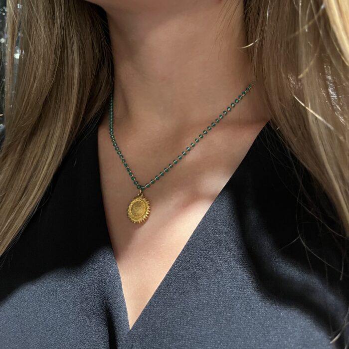Collier tournesol perles vertes